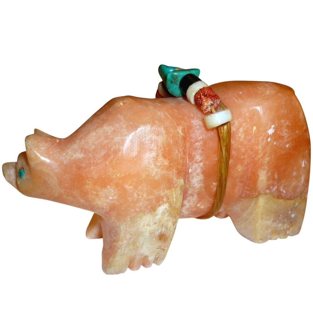 Hand Carved Alabaster Stone Zuni Bear Fetish Turquoise Inlay Medicine Bundle
